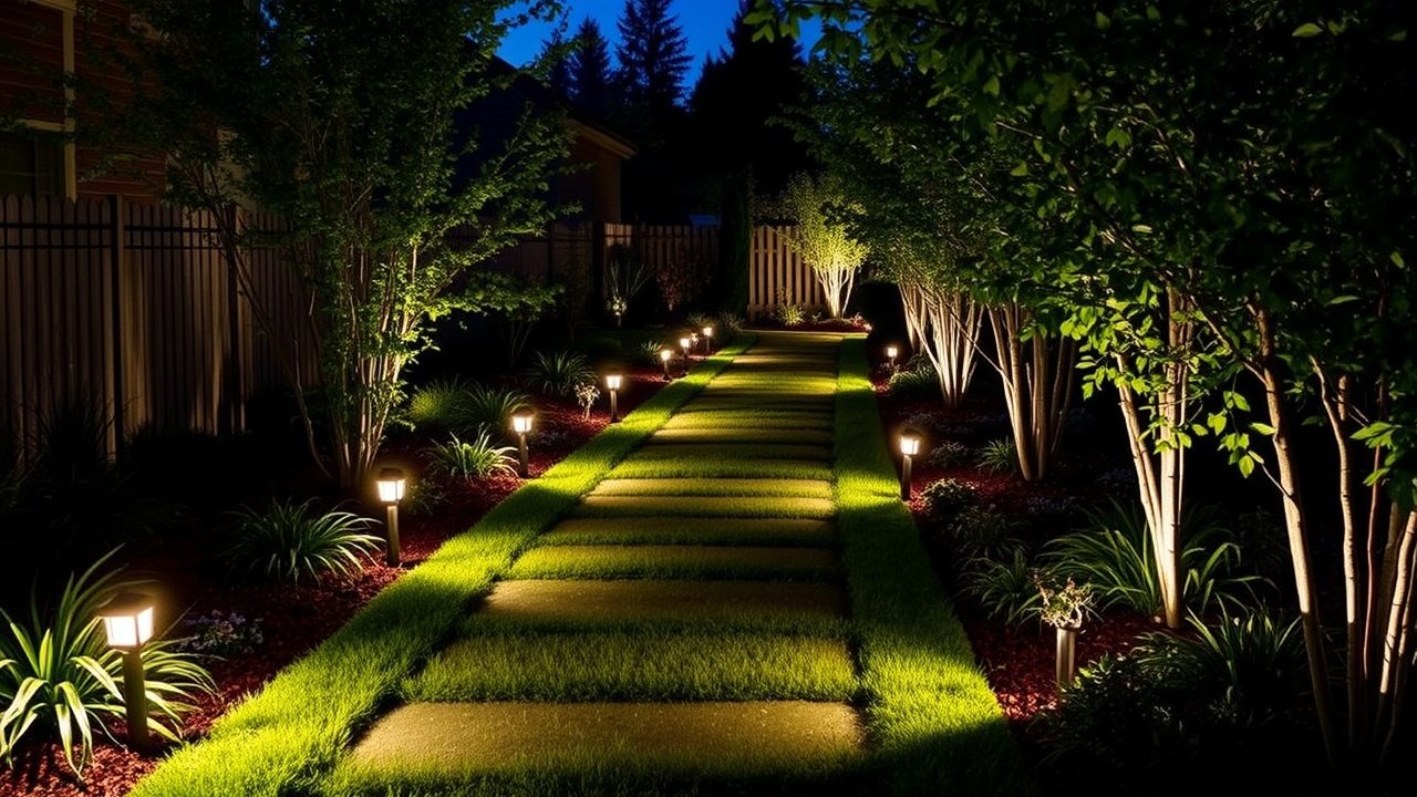 Low pathway lights line a garden path to show the way at night
