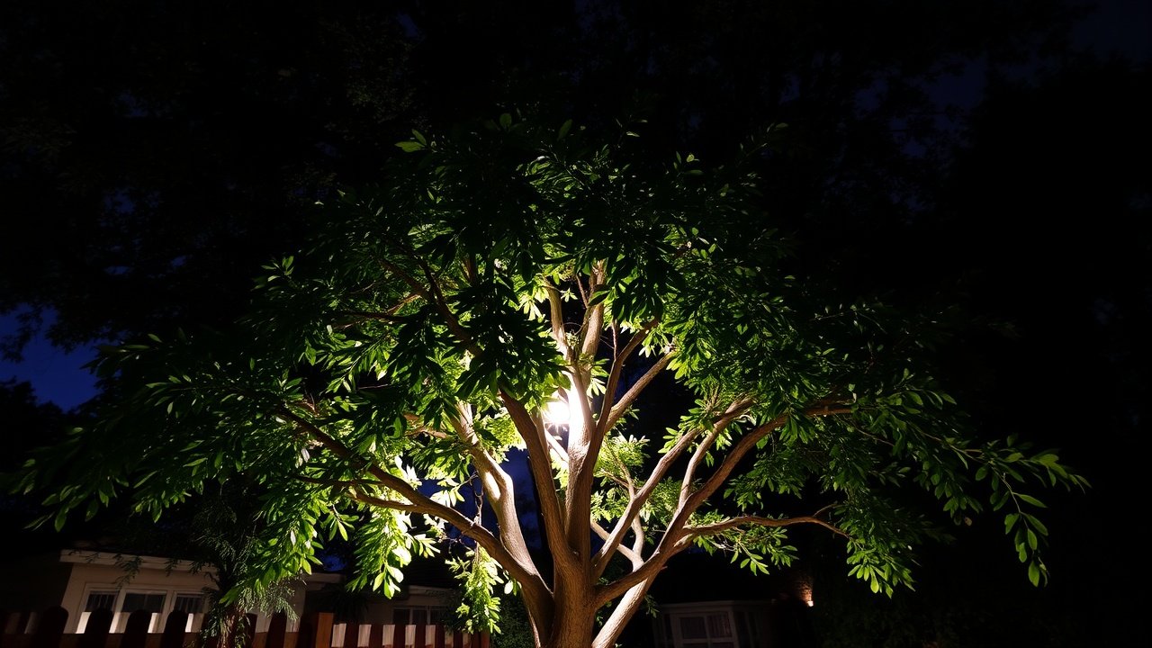 A backyard tree highlighted by an upward-facing spotlight.