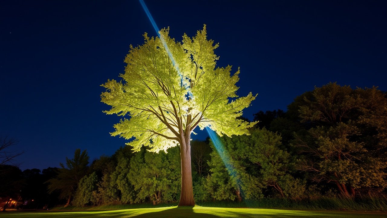 Landscape Lighting: Uplighting to Highlight Trees Outdoors 4 A bright beam from the ground makes the tree leaves glow against the night sky