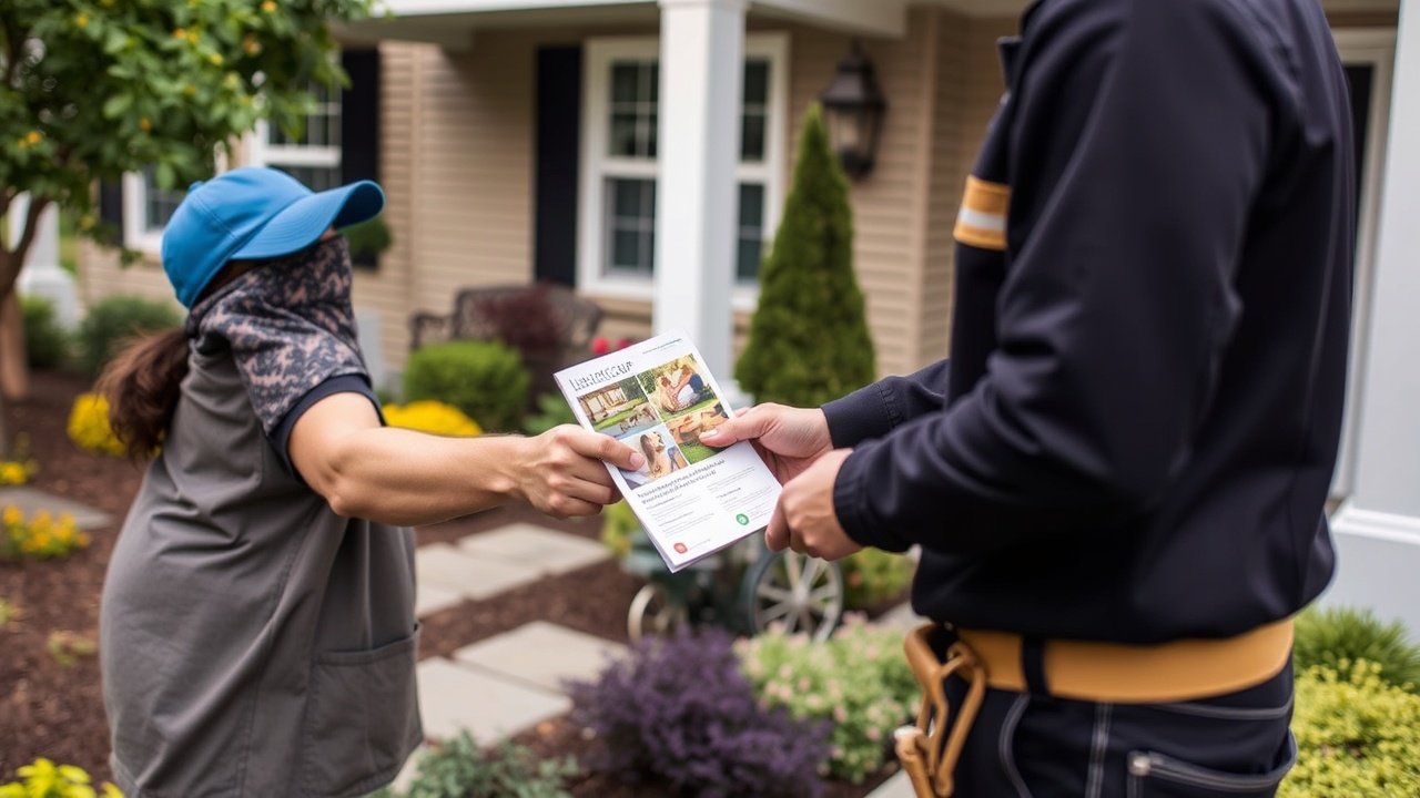 A crew member gives a brochure to a person in a front yard.