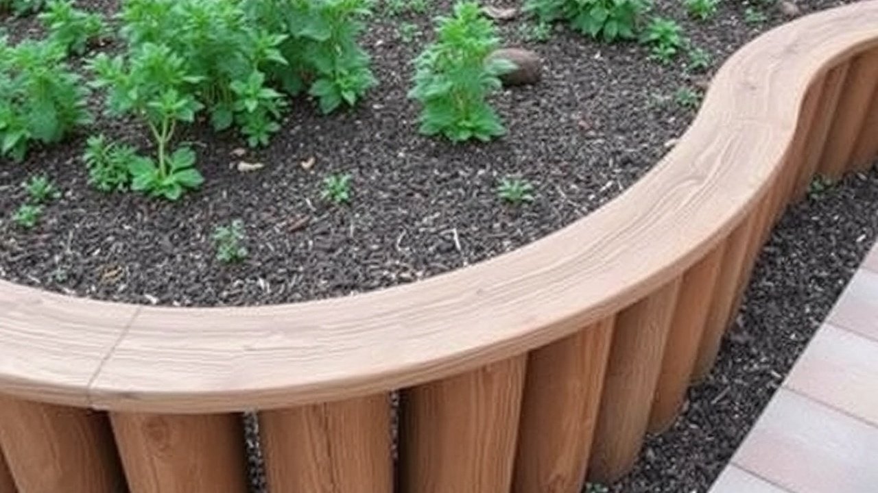 Curved wooden timbers form a raised edge around a planting area.