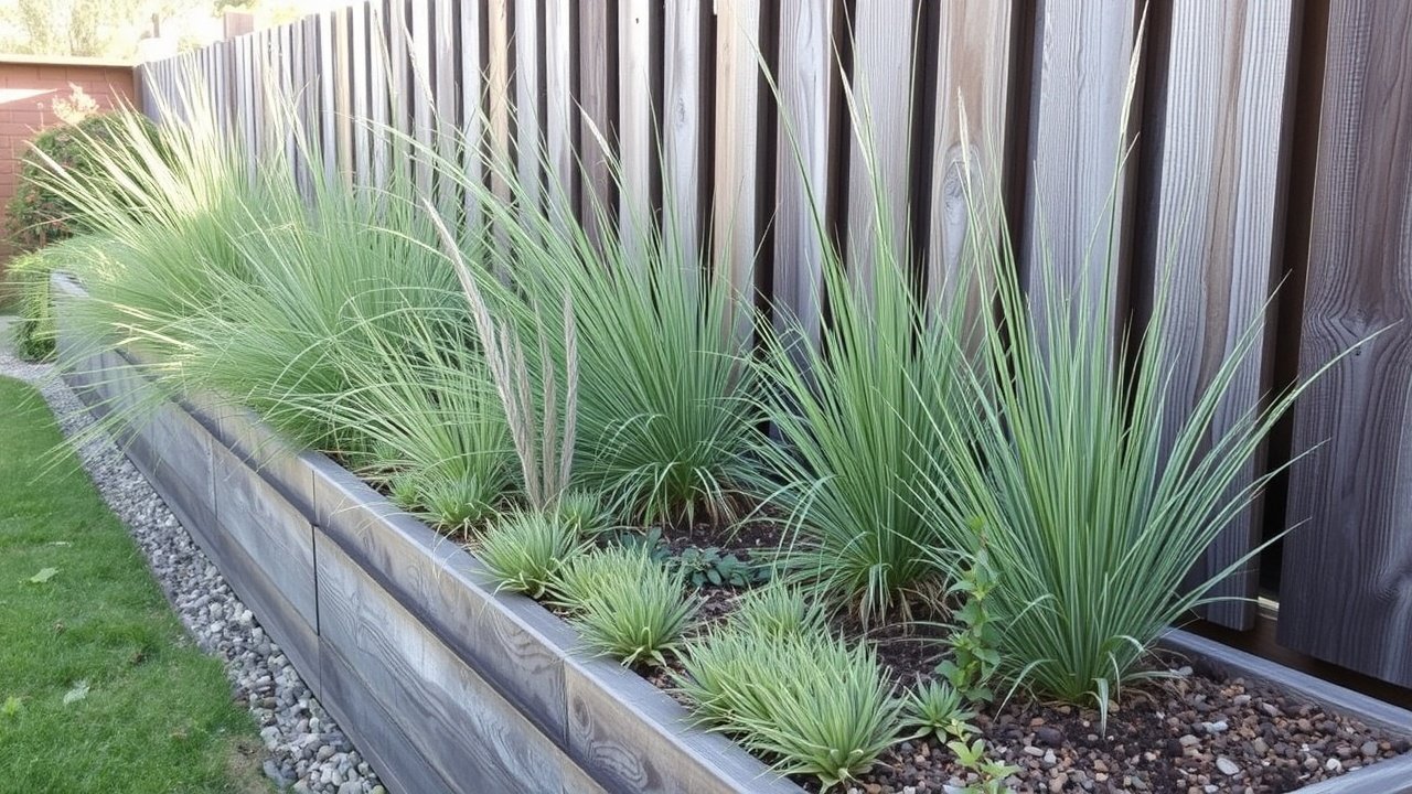 Small Backyard Ideas: Landscape & HGTV Inspiration 4 A narrow raised bed along a fence filled with drought-tolerant grasses and small succulents.