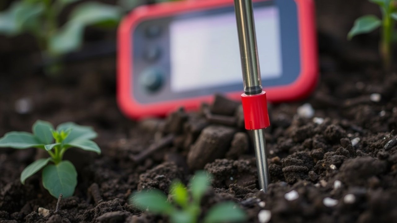 A close-up of a soil moisture probe stuck in dirt with a controller screen blurred in the back.