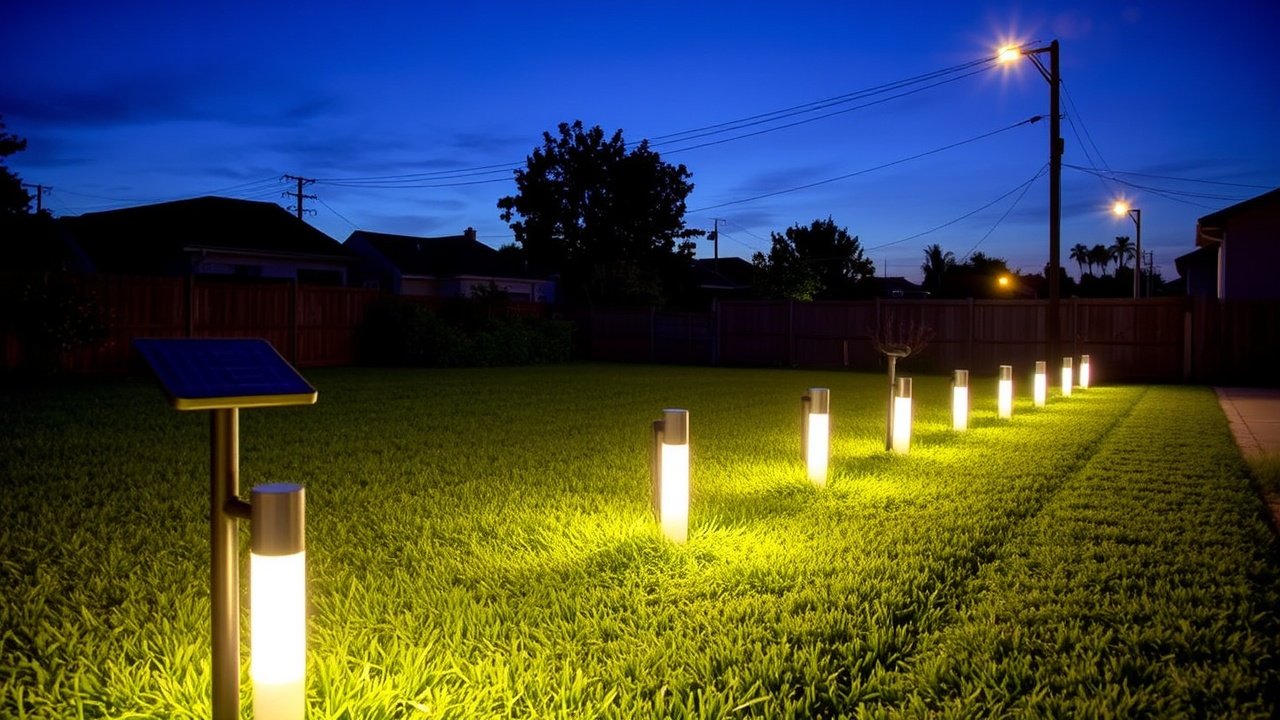 A grassy yard at dusk with glowing solar bollard lights and wired pole floodlights nearby