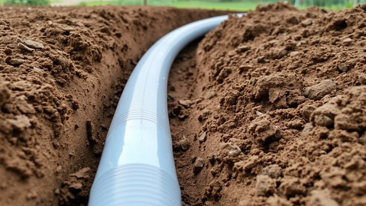 Sprinkler System Installation Guide: Installing Your Irrigation System 2 A plastic irrigation pipe runs through a shallow trench with dirt piled on the side.