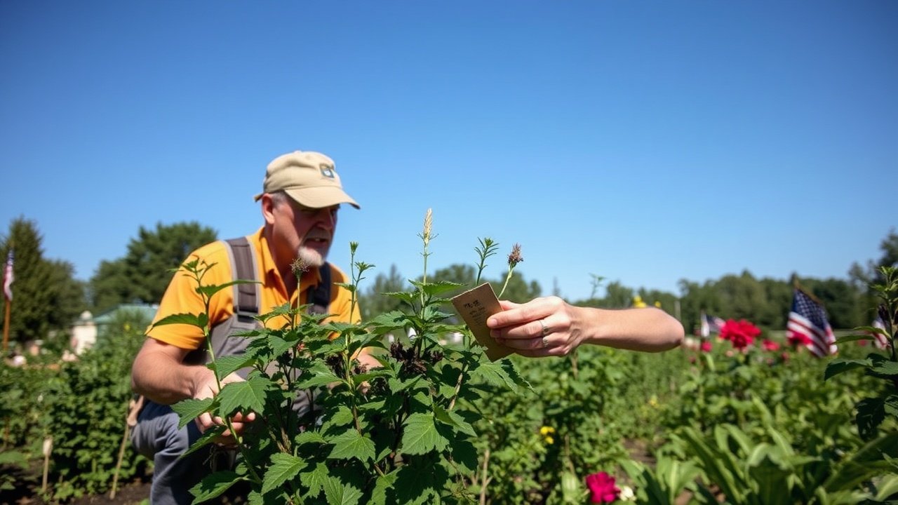A gardener reads a plant tag under a blue sky