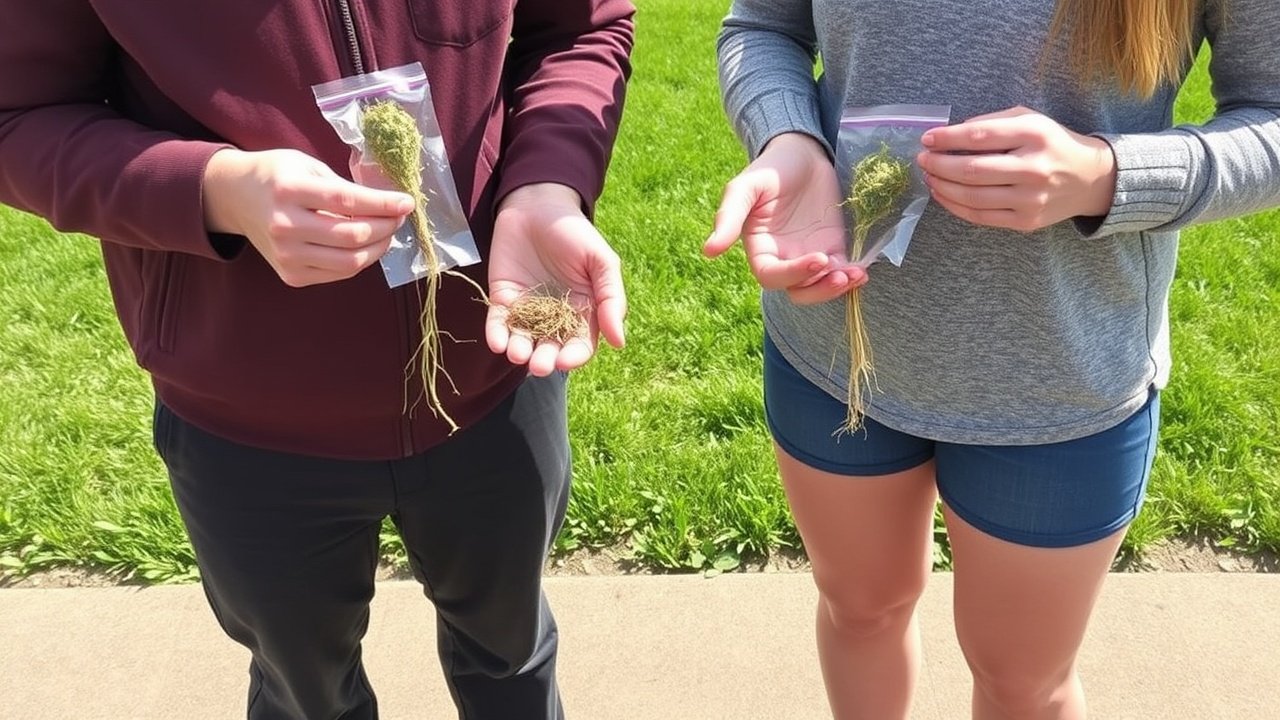 Two people hold different plant samples and compare them beside a lawn