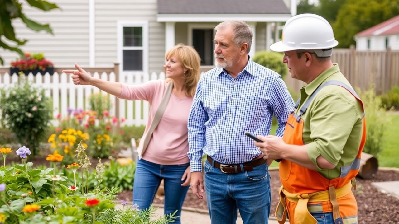 A homeowner shows the garden and the contractor pays attention.