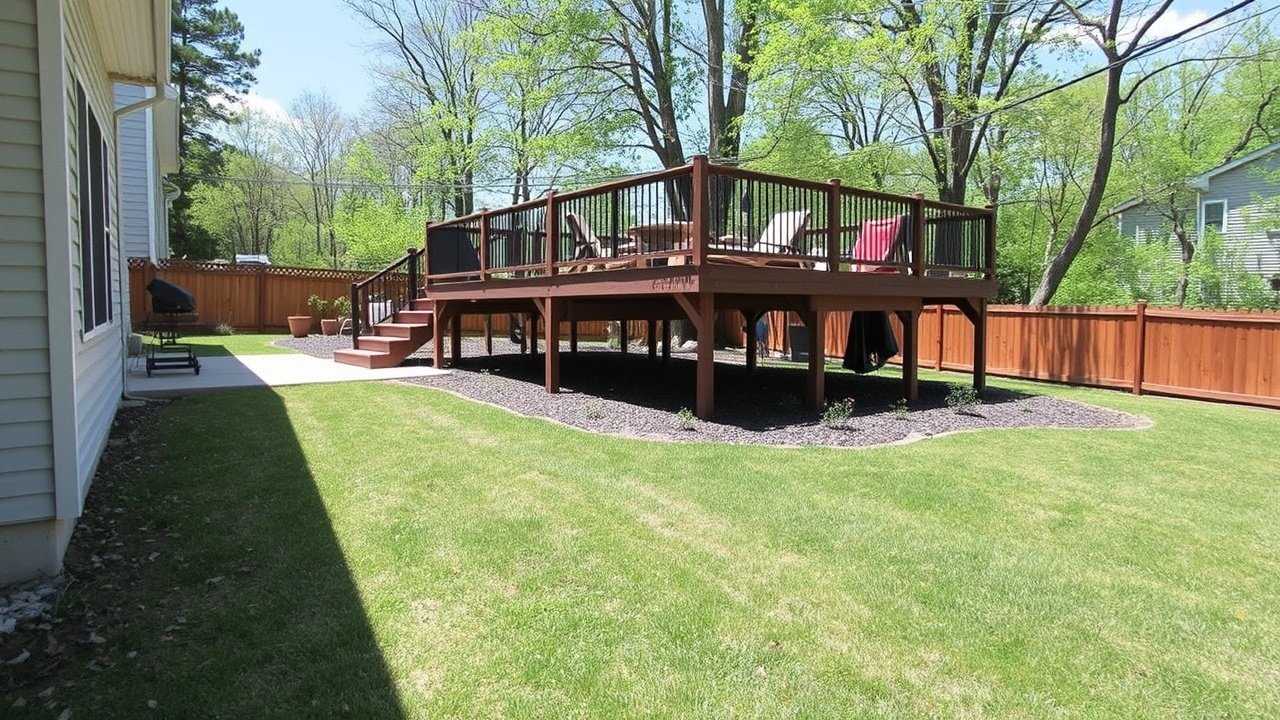 A patio is raised above the surrounding yard with a clear downhill edge.